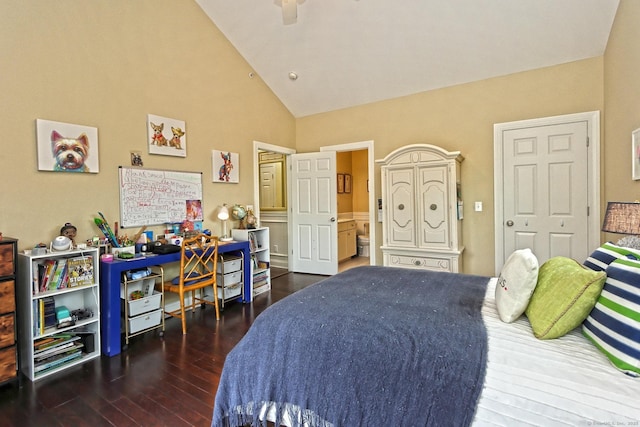 95 S Ridge Ln Unit A203, Berlin, CT 06037 - bedroom with hardwood / wood-style flooring, high vaulted ceiling, ensuite bath, and ceiling fan