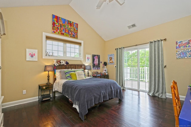 95 S Ridge Ln Unit A203, Berlin, CT 06037 - bedroom featuring access to outside, baseboards, hardwood / wood-style floors, high vaulted ceiling, and ceiling fan