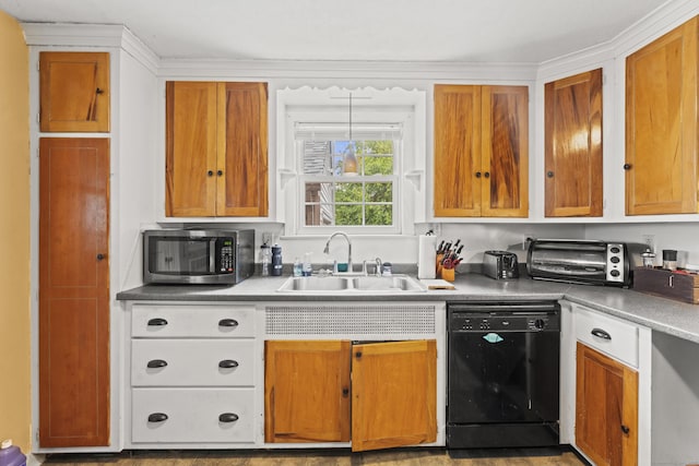116 Maple St, Wethersfield, CT 06109 - kitchen with black dishwasher, a sink, stainless steel microwave, light countertops, and brown cabinetry