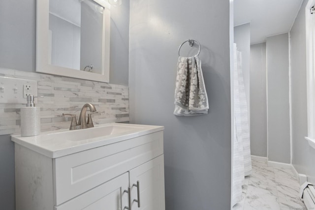 8 3rd St, Norwich, CT 06360 - bathroom with marble finish floors, decorative backsplash, vanity, a baseboard radiator, and a shower with curtain