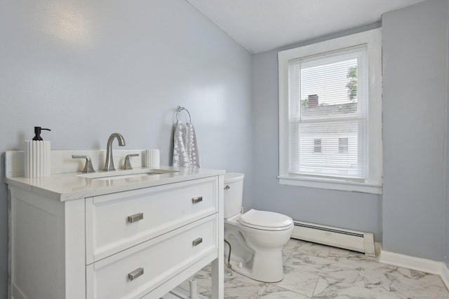 8 3rd St, Norwich, CT 06360 - half bathroom with a baseboard radiator, marble finish floors, toilet, and vanity