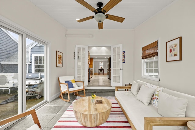 17 Chester Rd, Easton, CT 06612 - living area featuring french doors, a ceiling fan, and baseboards