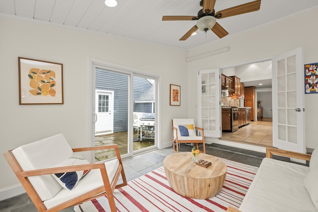 17 Chester Rd, Easton, CT 06612 - living room with ceiling fan, french doors, light tile patterned floors, recessed lighting, and baseboards