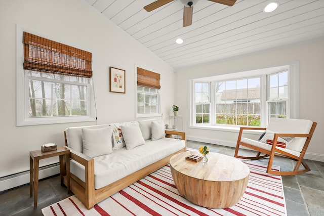 17 Chester Rd, Easton, CT 06612 - living area with lofted ceiling, baseboards, recessed lighting, ceiling fan, and a baseboard heating unit
