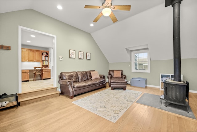 17 Chester Rd, Easton, CT 06612 - living area featuring a wood stove, lofted ceiling, light wood finished floors, a desk, and ceiling fan