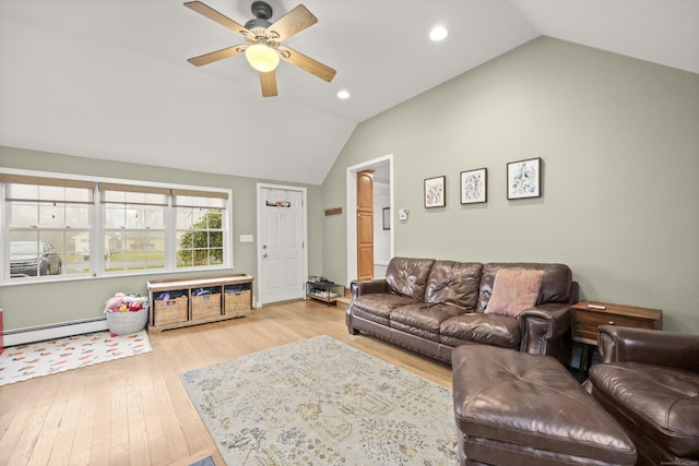 17 Chester Rd, Easton, CT 06612 - living room with lofted ceiling, baseboard heating, ceiling fan, wood finished floors, and recessed lighting