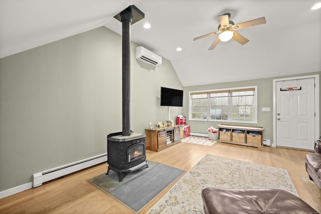 17 Chester Rd, Easton, CT 06612 - living area featuring a wood stove, a baseboard radiator, lofted ceiling, a wall mounted air conditioner, and a ceiling fan
