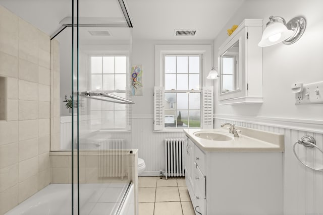 17 Chester Rd, Easton, CT 06612 - full bathroom featuring radiator, a wainscoted wall, vanity, shower / bath combination with glass door, and tile patterned floors