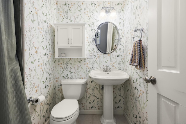 17 Chester Rd, Easton, CT 06612 - bathroom with wallpapered walls, toilet, tile patterned floors, baseboards, and a sink