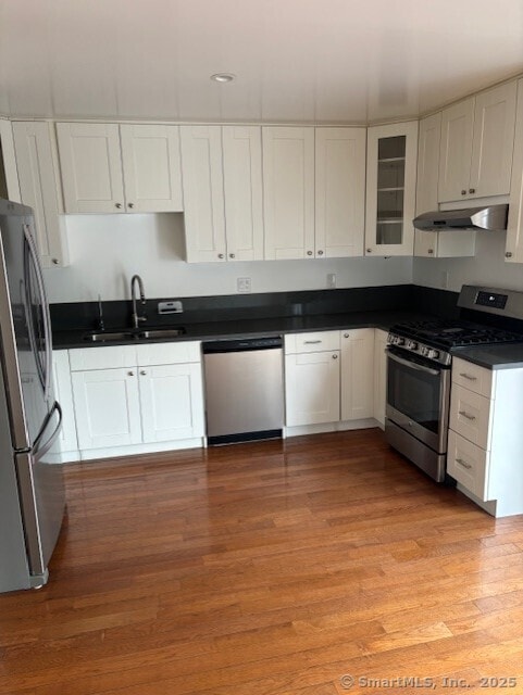 61 Clinton Ave Unit 2, Stamford, CT 06901 - kitchen featuring appliances with stainless steel finishes, under cabinet range hood, a sink, and white cabinets