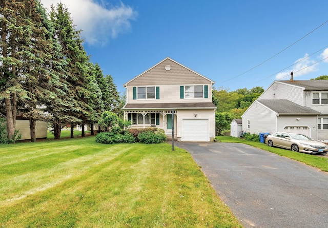 9 Cypress Ln, Trumbull, CT 06611 - view of front facade with driveway, an attached garage, a front lawn, and a storage unit