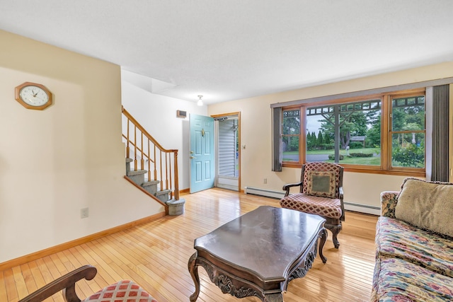 9 Cypress Ln, Trumbull, CT 06611 - living area with a baseboard heating unit, hardwood / wood-style floors, and stairs