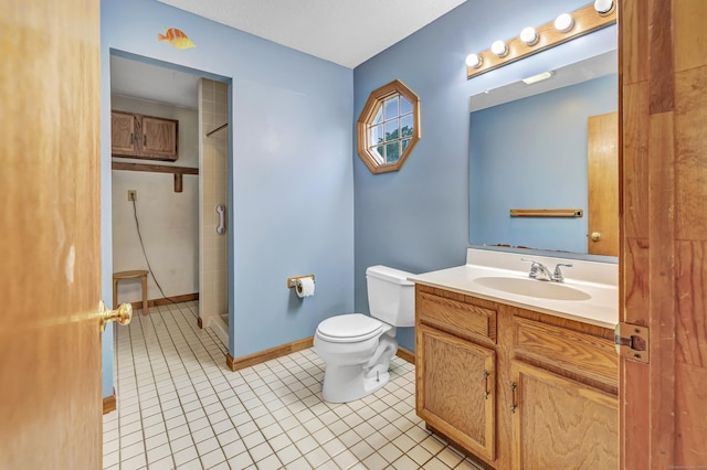 9 Cypress Ln, Trumbull, CT 06611 - bathroom with toilet, a stall shower, vanity, tile patterned floors, and baseboards