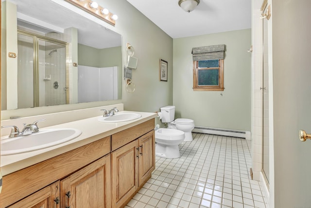 9 Cypress Ln, Trumbull, CT 06611 - full bath with baseboard heating, a stall shower, a bidet, toilet, and tile patterned flooring