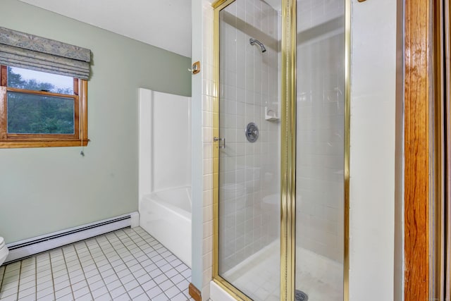 9 Cypress Ln, Trumbull, CT 06611 - bathroom with a shower stall, a baseboard radiator, tile patterned floors, a tub, and toilet