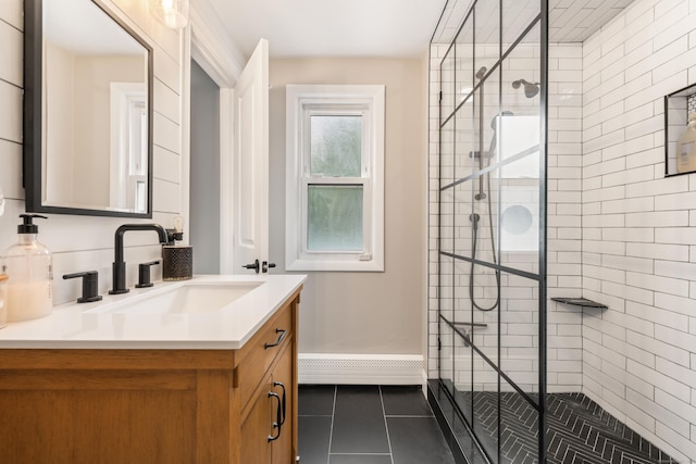 19 Huckleberry Dr S, Norwalk, CT 06850 - bathroom featuring tile patterned floors, vanity, tiled shower, and baseboards