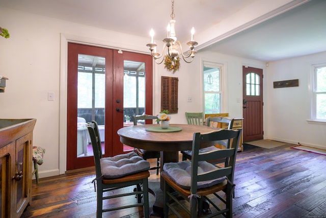 81 Milton Rd, Goshen, CT 06756 - dining area with french doors, a chandelier, and dark wood-type flooring