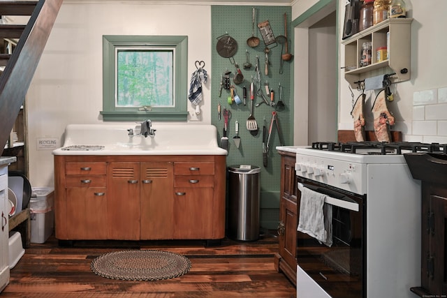 81 Milton Rd, Goshen, CT 06756 - kitchen featuring white gas stove, brown cabinets, dark wood-type flooring, light countertops, and open shelves