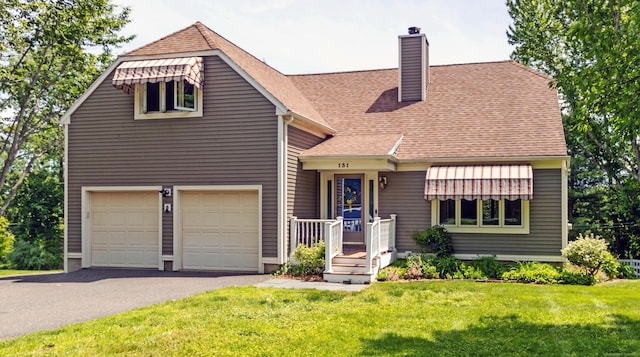 131 Spring Brook Dr, Middletown, CT 06457 - view of front of house with a front yard, a chimney, driveway, and roof with shingles