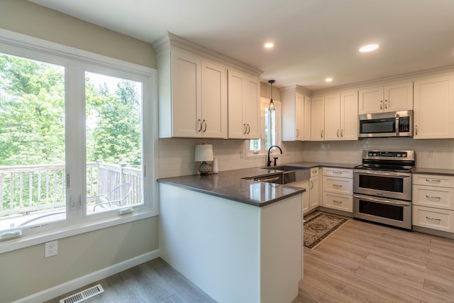 131 Spring Brook Dr, Middletown, CT 06457 - kitchen featuring stainless steel appliances, a sink, dark countertops, light wood-style floors, and decorative backsplash