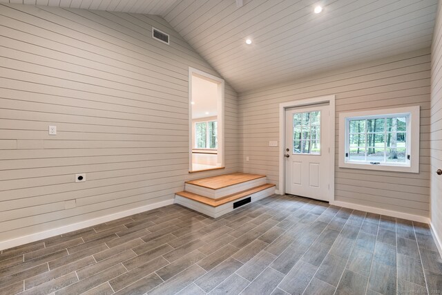 33 White Oak Ln, Woodbridge, CT 06525 - mudroom featuring baseboards, vaulted ceiling, dark wood-style flooring, recessed lighting, and wood walls