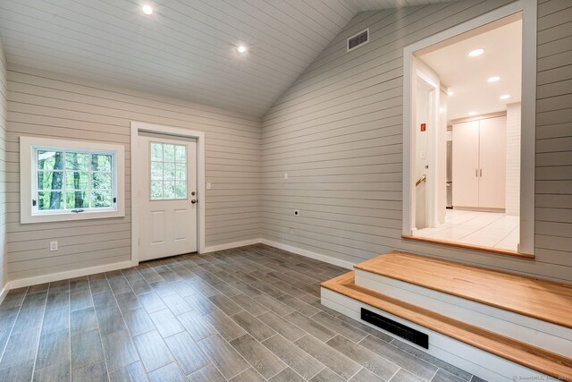33 White Oak Ln, Woodbridge, CT 06525 - mudroom with vaulted ceiling, wood walls, baseboards, dark wood-type flooring, and recessed lighting