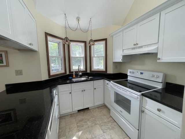 1433 Naugatuck Ave Unit 1433, Milford, CT 06461 - kitchen with under cabinet range hood, white electric range, a sink, white cabinetry, and dark countertops
