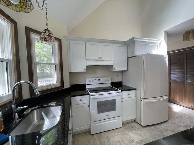 1433 Naugatuck Ave Unit 1433, Milford, CT 06461 - kitchen with white appliances, under cabinet range hood, lofted ceiling, a sink, and white cabinets