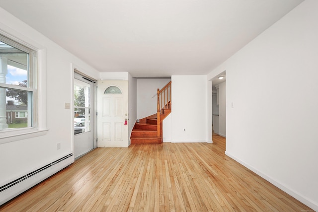 166 Wynola Ave, New Britain, CT 06051 - spare room featuring baseboard heating, light wood-style floors, stairs, and baseboards