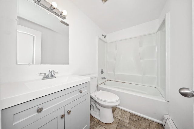 166 Wynola Ave, New Britain, CT 06051 - bathroom featuring a baseboard heating unit, vanity, toilet, shower / tub combination, and stone finish flooring