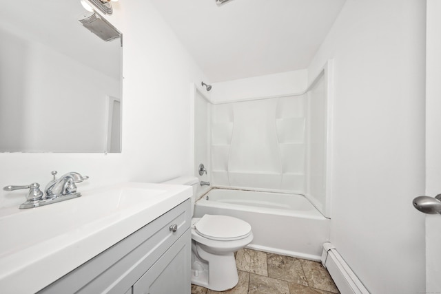 166 Wynola Ave, New Britain, CT 06051 - full bathroom featuring vanity, toilet, shower / washtub combination, baseboard heating, and stone finish floors