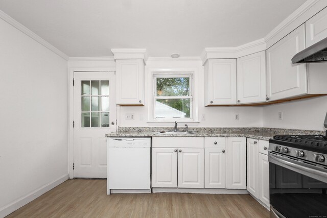 166 Wynola Ave, New Britain, CT 06051 - kitchen with white dishwasher, stainless steel range with gas cooktop, a sink, light wood-type flooring, and crown molding
