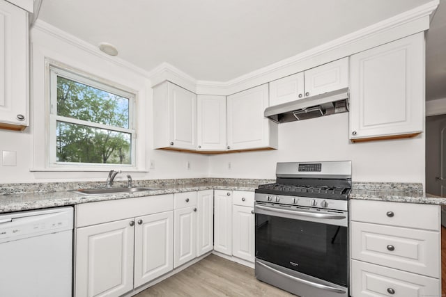 166 Wynola Ave, New Britain, CT 06051 - kitchen with stainless steel gas range oven, dishwasher, under cabinet range hood, a sink, and white cabinetry