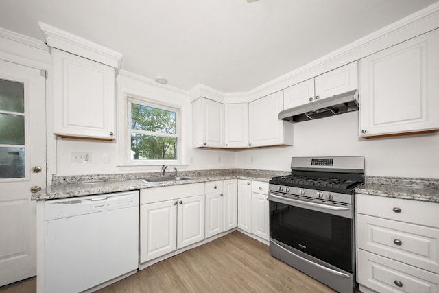 166 Wynola Ave, New Britain, CT 06051 - kitchen featuring stainless steel gas range, under cabinet range hood, white dishwasher, a sink, and light wood-style floors