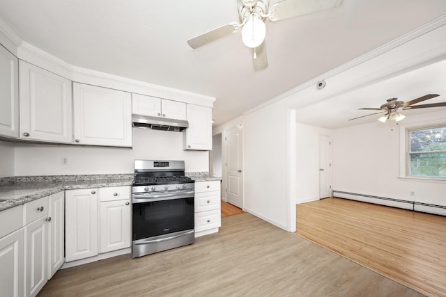 166 Wynola Ave, New Britain, CT 06051 - kitchen featuring stainless steel range with gas cooktop, under cabinet range hood, ceiling fan, light wood finished floors, and baseboard heating