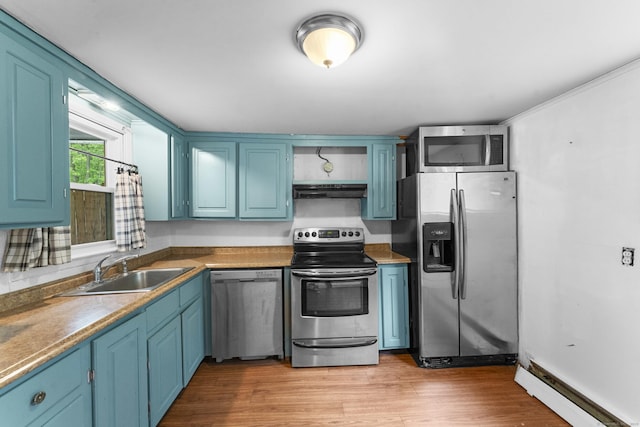 4 Meadow Rd, Enfield, CT 06082 - kitchen featuring appliances with stainless steel finishes, a sink, under cabinet range hood, open shelves, and blue cabinets