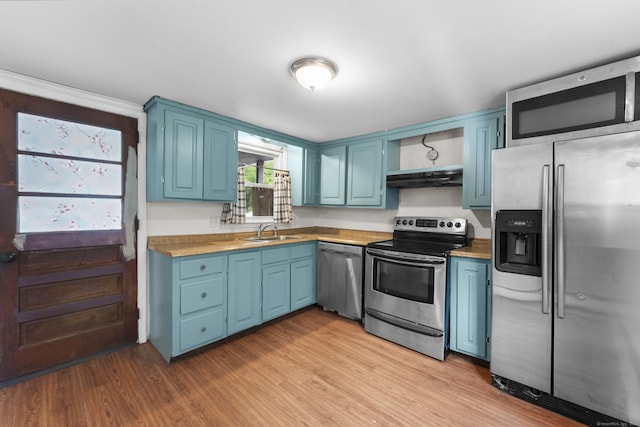 4 Meadow Rd, Enfield, CT 06082 - kitchen with stainless steel appliances, blue cabinets, a sink, under cabinet range hood, and light wood-type flooring