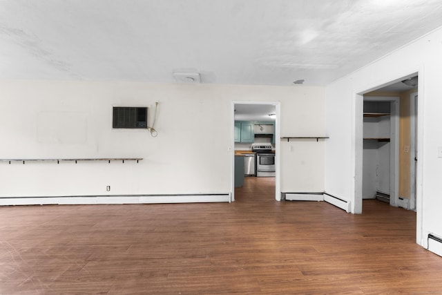 4 Meadow Rd, Enfield, CT 06082 - unfurnished living room with dark wood-style floors, a wall mounted AC, and a baseboard heating unit