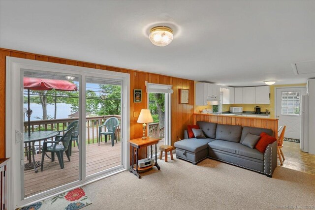 124 Deepwood Dr, Hebron, CT 06231 - living area featuring light colored carpet and wood walls