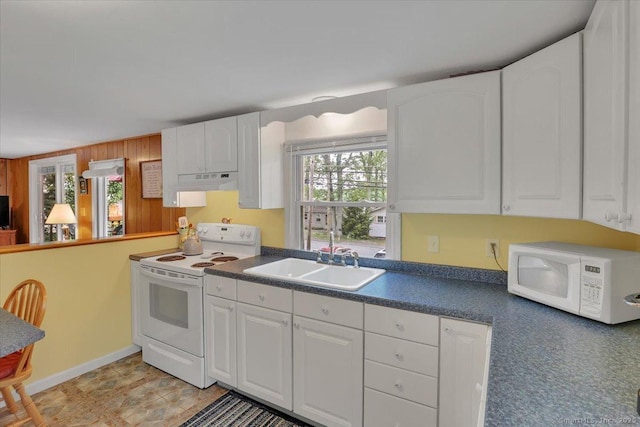 124 Deepwood Dr, Hebron, CT 06231 - kitchen featuring white appliances, a sink, dark countertops, and white cabinets
