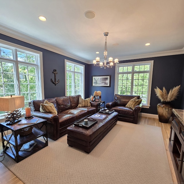 20 Crawford Rd, Westport, CT 06880 - living room with wood finished floors, a chandelier, ornamental molding, and recessed lighting