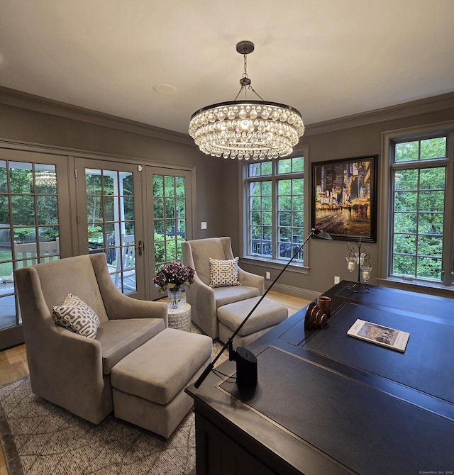 20 Crawford Rd, Westport, CT 06880 - living area with a chandelier, wood finished floors, plenty of natural light, and ornamental molding