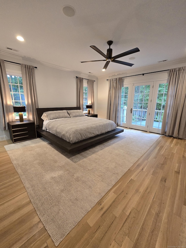 20 Crawford Rd, Westport, CT 06880 - bedroom featuring access to outside, light wood-type flooring, french doors, recessed lighting, and ceiling fan