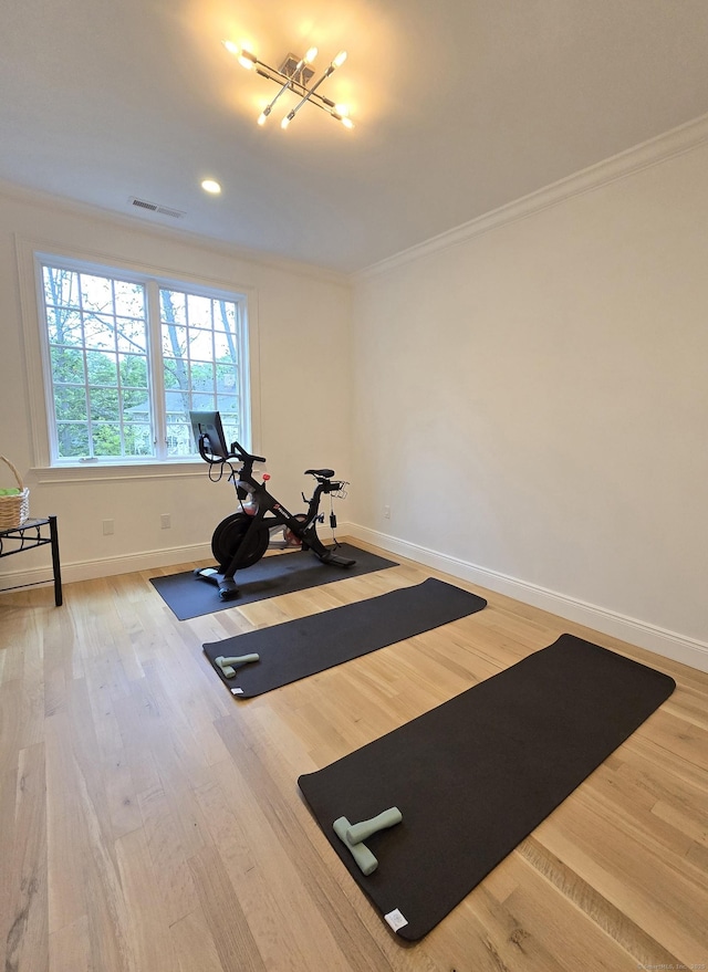20 Crawford Rd, Westport, CT 06880 - exercise area with crown molding, baseboards, wood finished floors, and recessed lighting