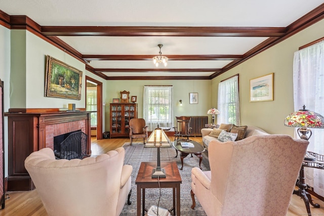 222 N Beacon St, Hartford, CT 06105 - living area featuring light wood-style floors, beamed ceiling, a fireplace, and crown molding