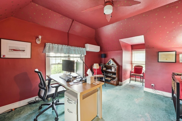 222 N Beacon St, Hartford, CT 06105 - carpeted office featuring lofted ceiling, a wall mounted air conditioner, ceiling fan, baseboards, and a textured ceiling
