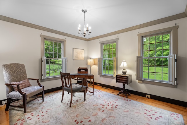 7 Shelter Rock Rd, East Haddam, CT 06423 - home office with ornamental molding, a chandelier, wood finished floors, and baseboards