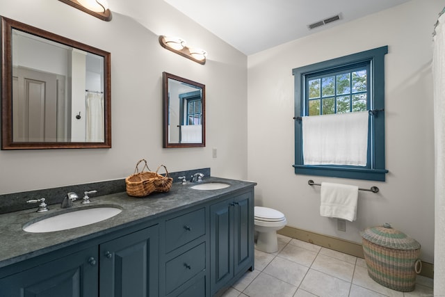 7 Shelter Rock Rd, East Haddam, CT 06423 - bathroom featuring double vanity, toilet, tile patterned floors, and baseboards