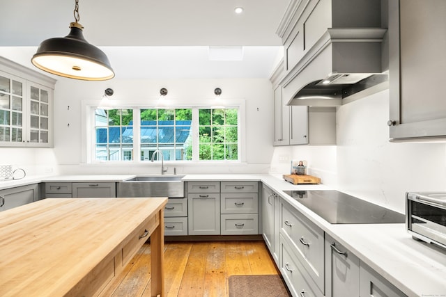 7 Shelter Rock Rd, East Haddam, CT 06423 - kitchen with black electric stovetop, premium range hood, gray cabinetry, a sink, and pendant lighting