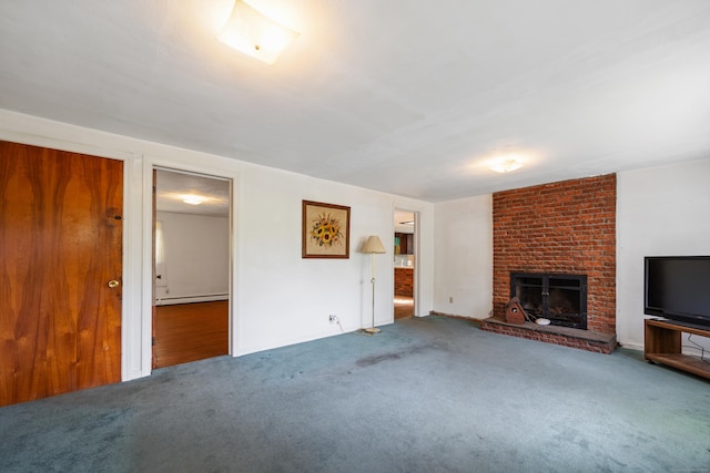205 Allentown Rd, Plymouth, CT 06786 - unfurnished living room featuring carpet flooring, a brick fireplace, and a baseboard heating unit